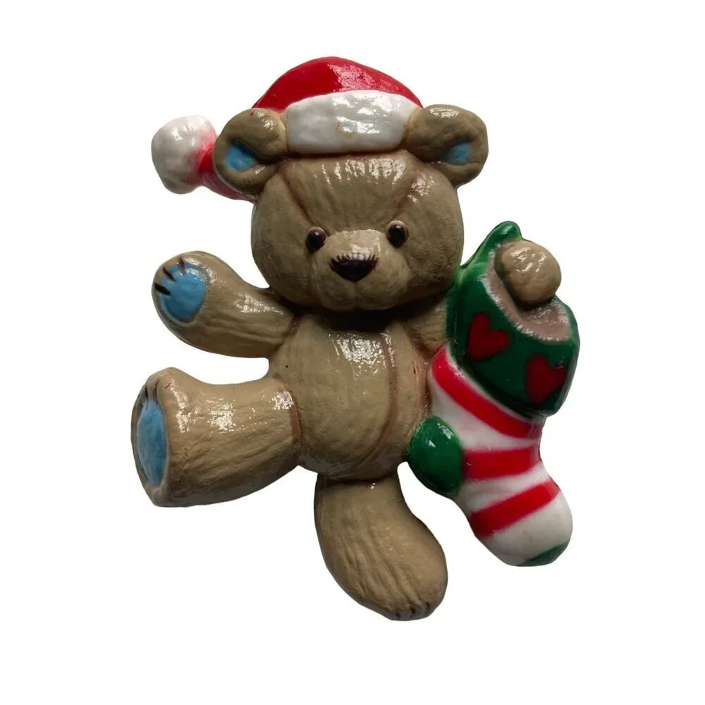 Vintage Teddy Bear Christmas Brooch Pins Lot of 2 Ice Skating Gibson Greetings